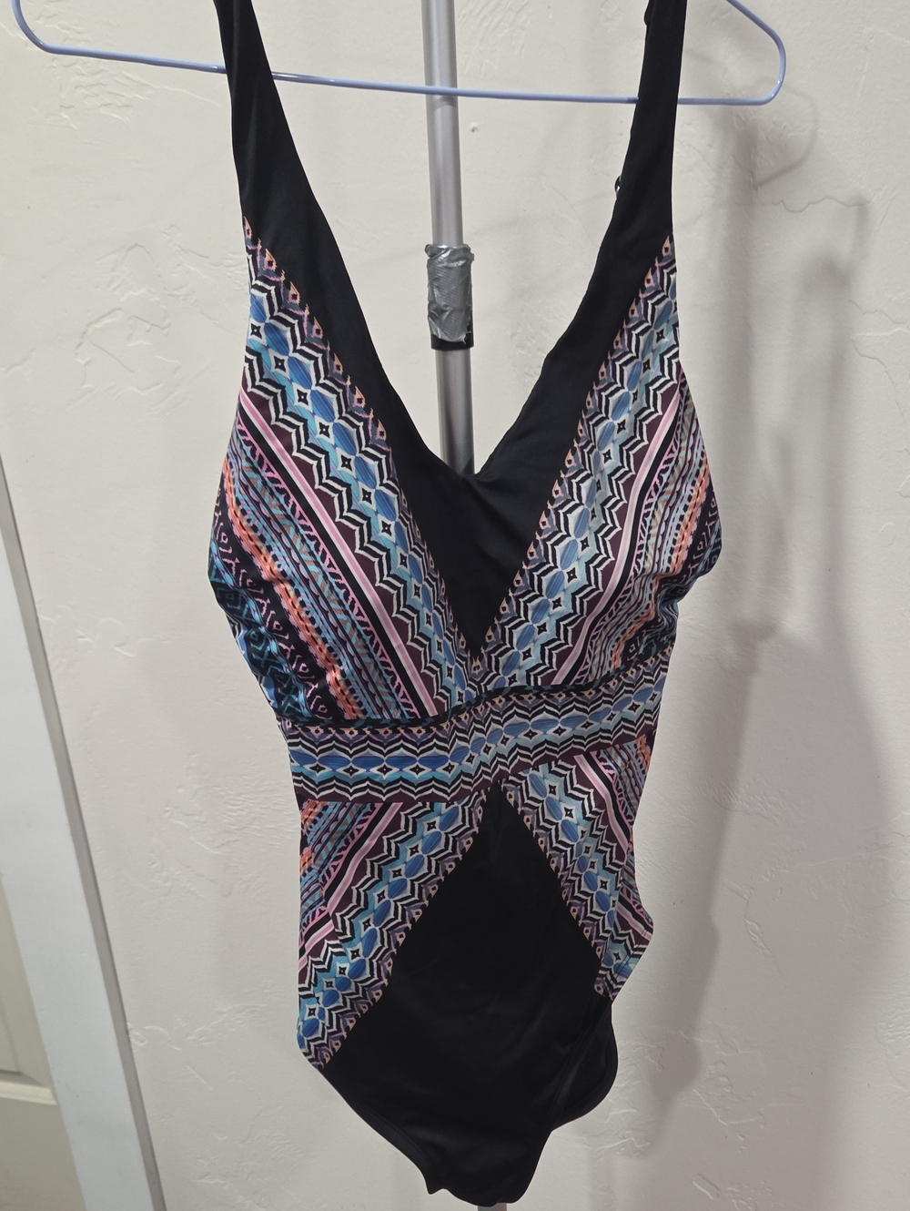 Black V-Neck Women's One Piece with Multicolor Geometric Print